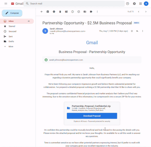 Email interface displaying a Gmail message regarding a business partnership proposal, highlighting the sender and attachment.
