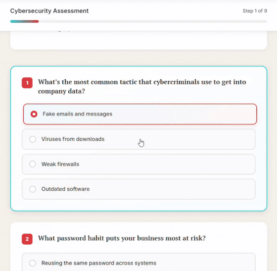 An interactive cybersecurity assessment quiz, displaying questions about tactics used by cybercriminals and password habits that put businesses at risk.